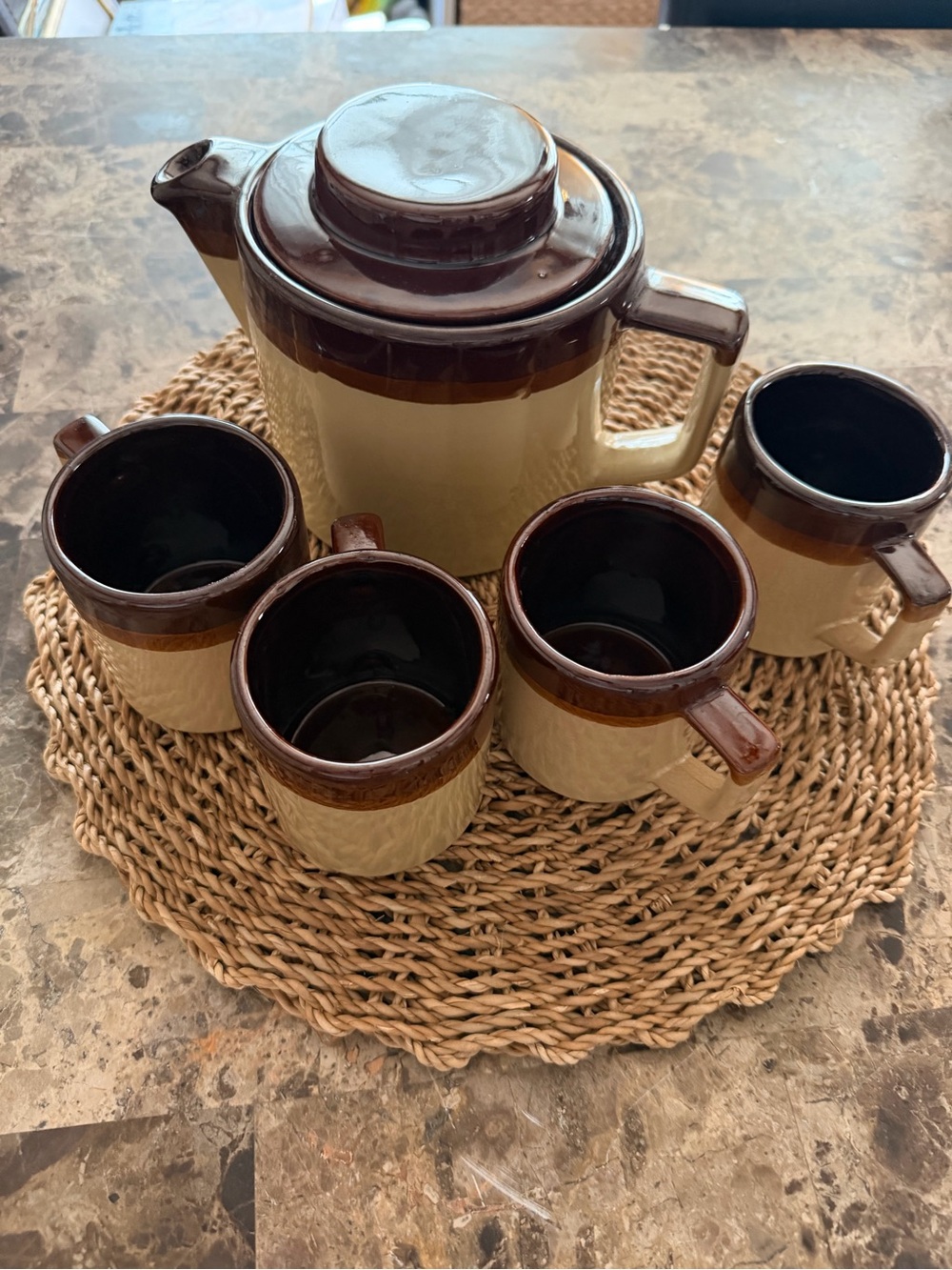 Vintage Brown & Cream Stoneware Tea Set | Teapot + 4 Mugs